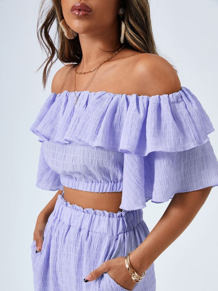 Firerie Off Shoulder Crop Top & Paperbag Waist Pants Set - Violet Purple - View 5