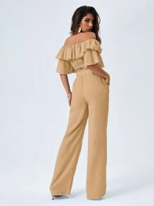 SHEIN Privé 露肩短版上衣和紙袋型褲子套裝 - 卡其色 - 查看 2