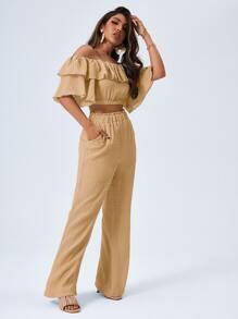 SHEIN Privé 露肩短版上衣和紙袋型褲子套裝 - 卡其色 - 查看 3
