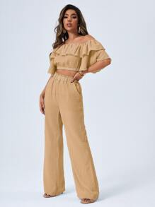 SHEIN Privé 露肩短版上衣和紙袋型褲子套裝 - 卡其色 - 查看 4