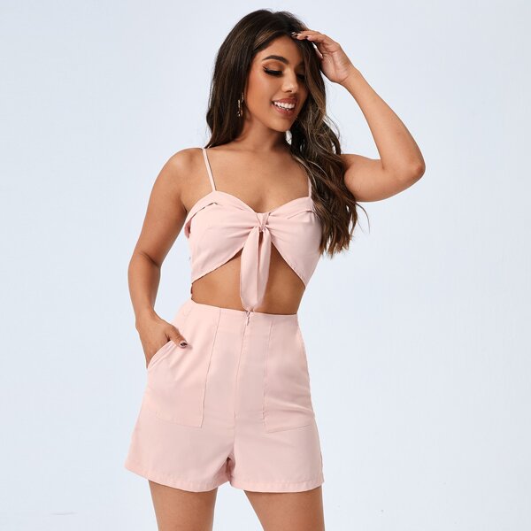 

Tie Front Cut Out Cami Romper, Baby pink