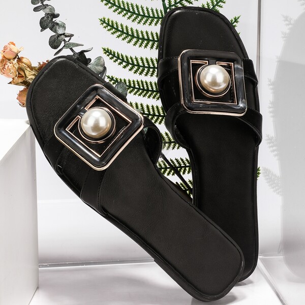 

Faux Pearl Decor Slide Sandals, Black