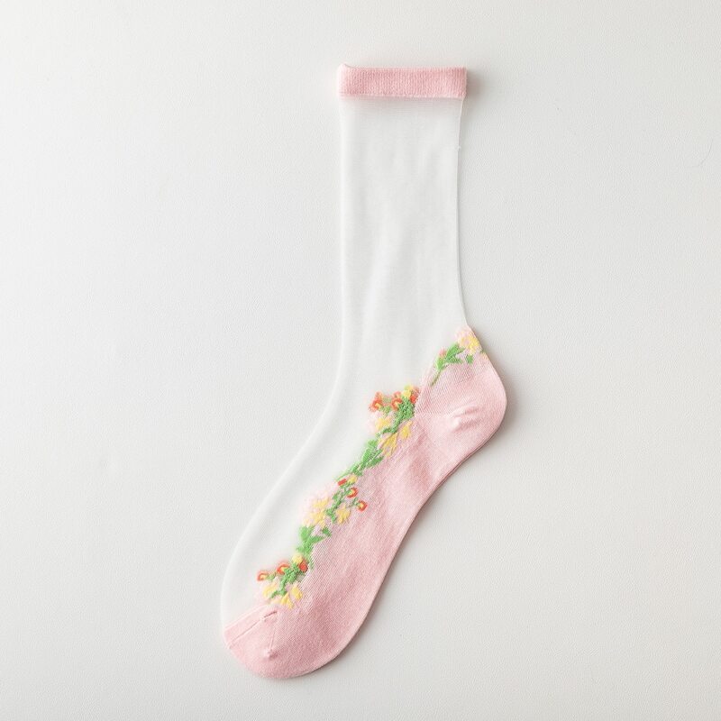 

1pair Flower Pattern Crew Socks, Pink