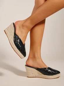 鱷魚紋壓花帆布鞋拖鞋式織底楔型鞋 - 黑色 - 查看 1