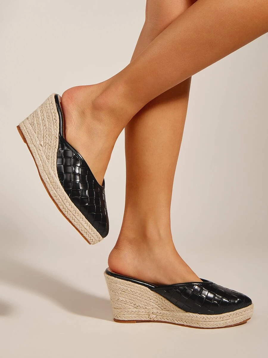 鱷魚紋壓花帆布鞋拖鞋式織底楔型鞋 - 黑色 - 查看 1