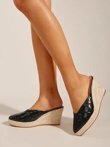 鱷魚紋壓花帆布鞋拖鞋式織底楔型鞋 - 黑色 - 查看 2