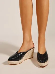 鱷魚紋壓花帆布鞋拖鞋式織底楔型鞋 - 黑色 - 查看 3