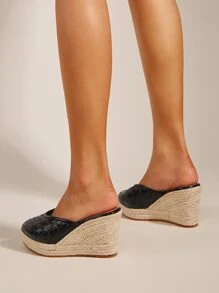 鱷魚紋壓花帆布鞋拖鞋式織底楔型鞋 - 黑色 - 查看 4