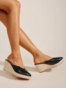 鱷魚紋壓花帆布鞋拖鞋式織底楔型鞋 - 黑色 - 查看 5