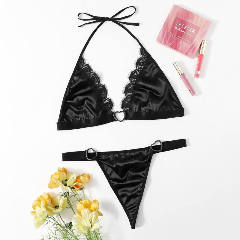 

Plus Satin Lace Trim Heart Ring Linked Lingerie Set, Black