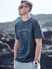 Camiseta de cuello redondo con estampado de slogan - Neblina azul - Ver 3