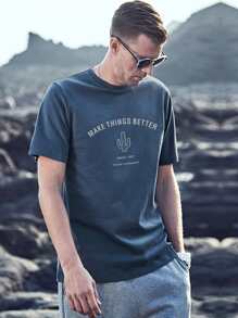 Camiseta de cuello redondo con estampado de slogan - Neblina azul - Ver 4