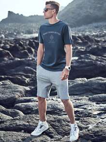 Camiseta de cuello redondo con estampado de slogan - Neblina azul - Ver 5