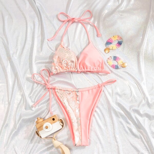 

Snakeskin Triangle Thong Bikini Swimsuit, Baby pink