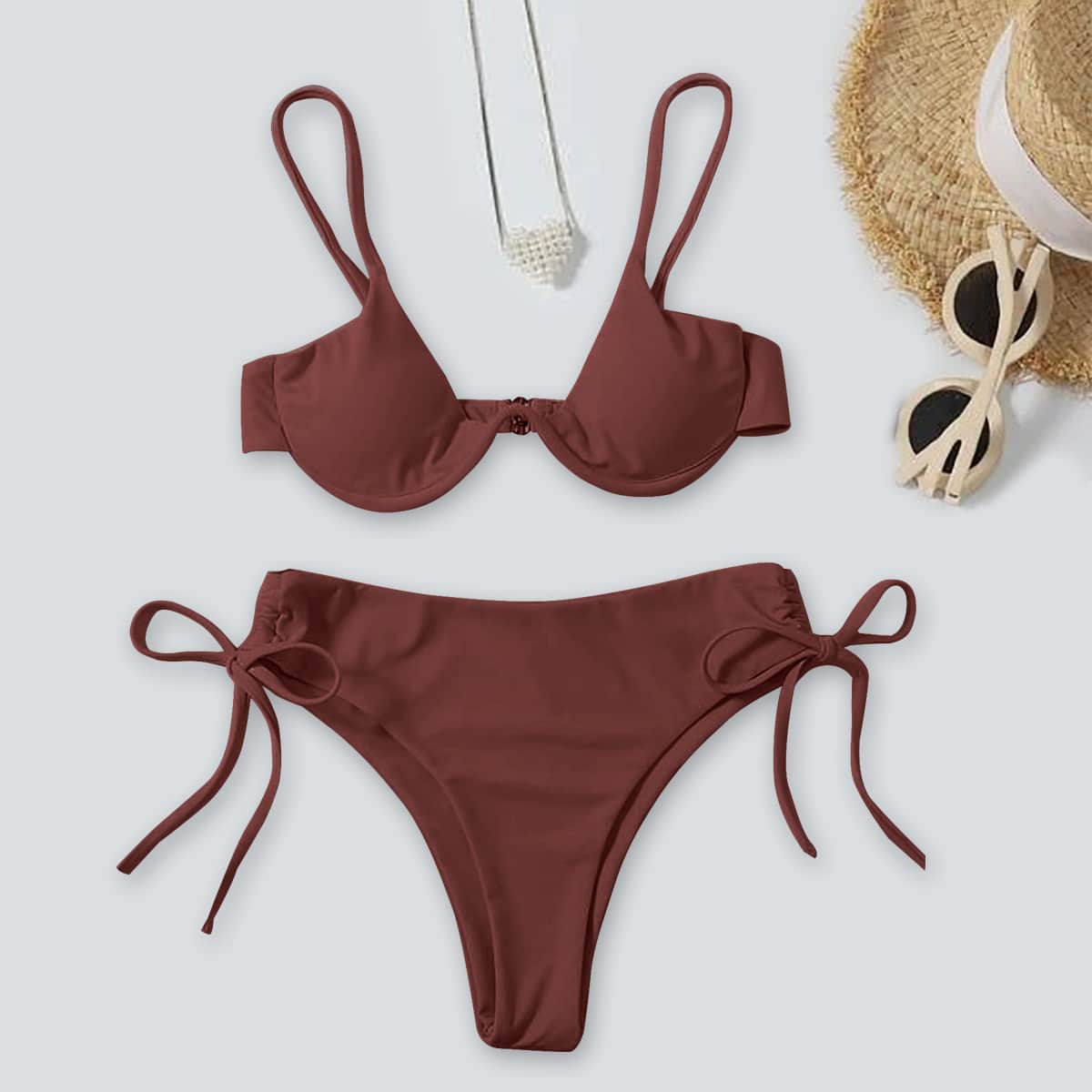 

Underwire Tie Side Bikini Swimsuit, Brown