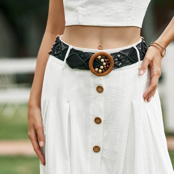 

Round Buckle Woven Belt, Black