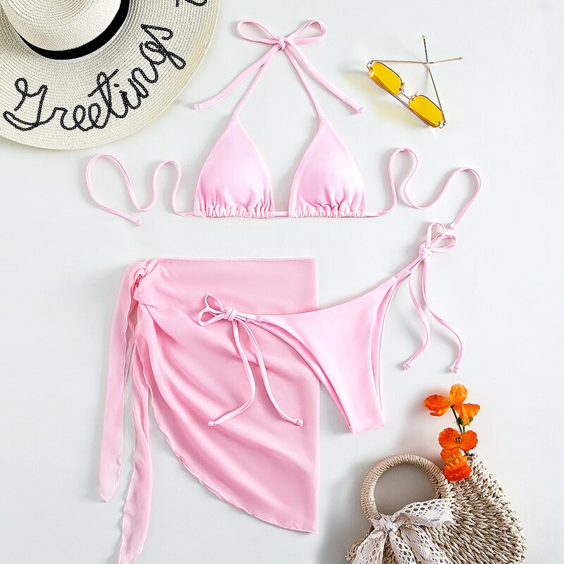 

3pack Drawstring Bikini Swimsuit & Beach Skirt, Pink