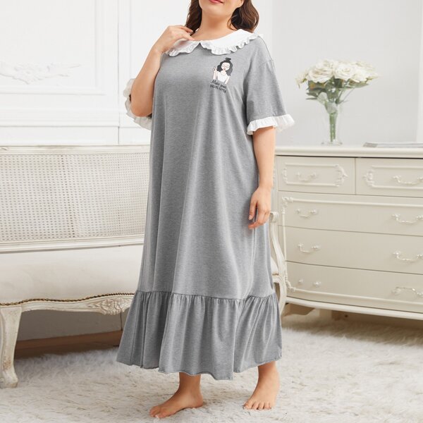 

Plus Contrast Peter-pan Collar Ruffle Hem Figure Graphic Nightdress, Grey