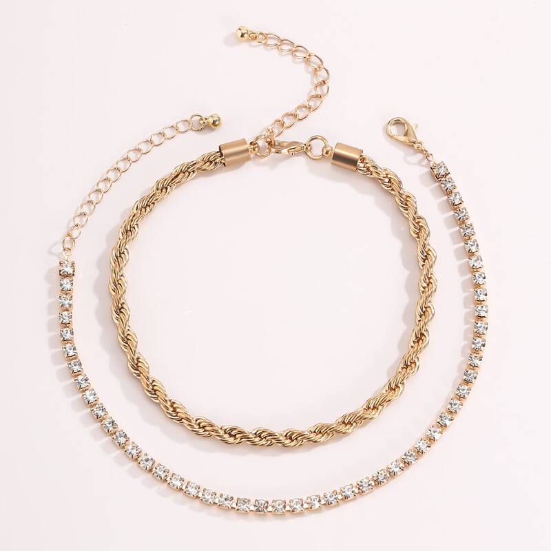 

2pcs Rhinestone Decor Anklet, Gold