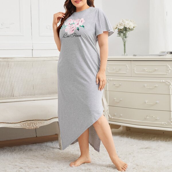 

Plus Floral and Letter Print Butterfly Sleeve Split Hem Nightdress, Light grey