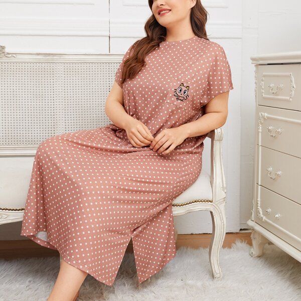 

Plus Cartoon Embroidery Split Hem Polka Dot Nightdress, Coral pink