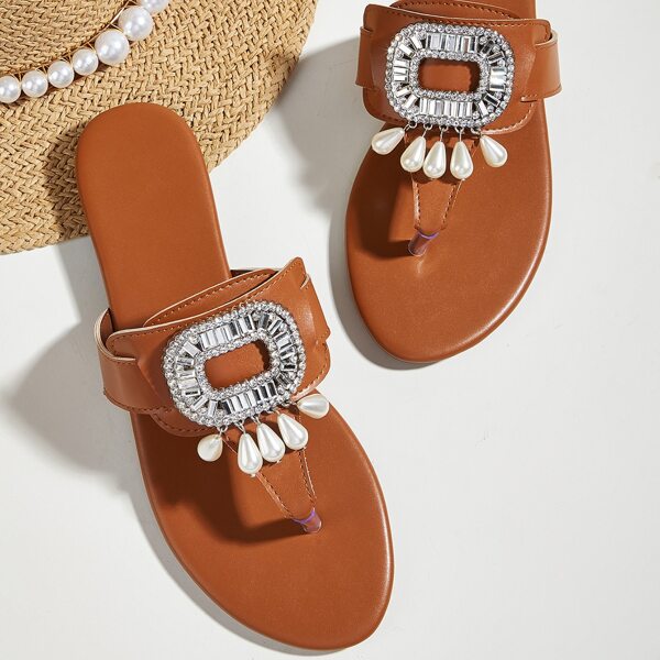 

Rhinestone & Faux Pearl Charm Flat Thong Sandals, Brown