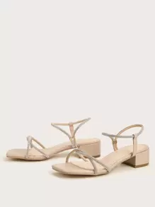 Women Rhinestone Decor Chunky Heeled Ankle Strap Sandals, Glamorous Banquet Heeled Sandals - Apricot - View 2