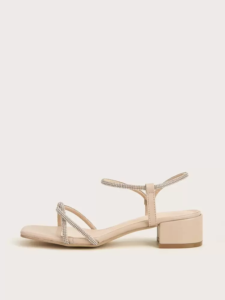 Women Rhinestone Decor Chunky Heeled Ankle Strap Sandals, Glamorous Banquet Heeled Sandals,Spring Summer Outfits - Apricot - View 3
