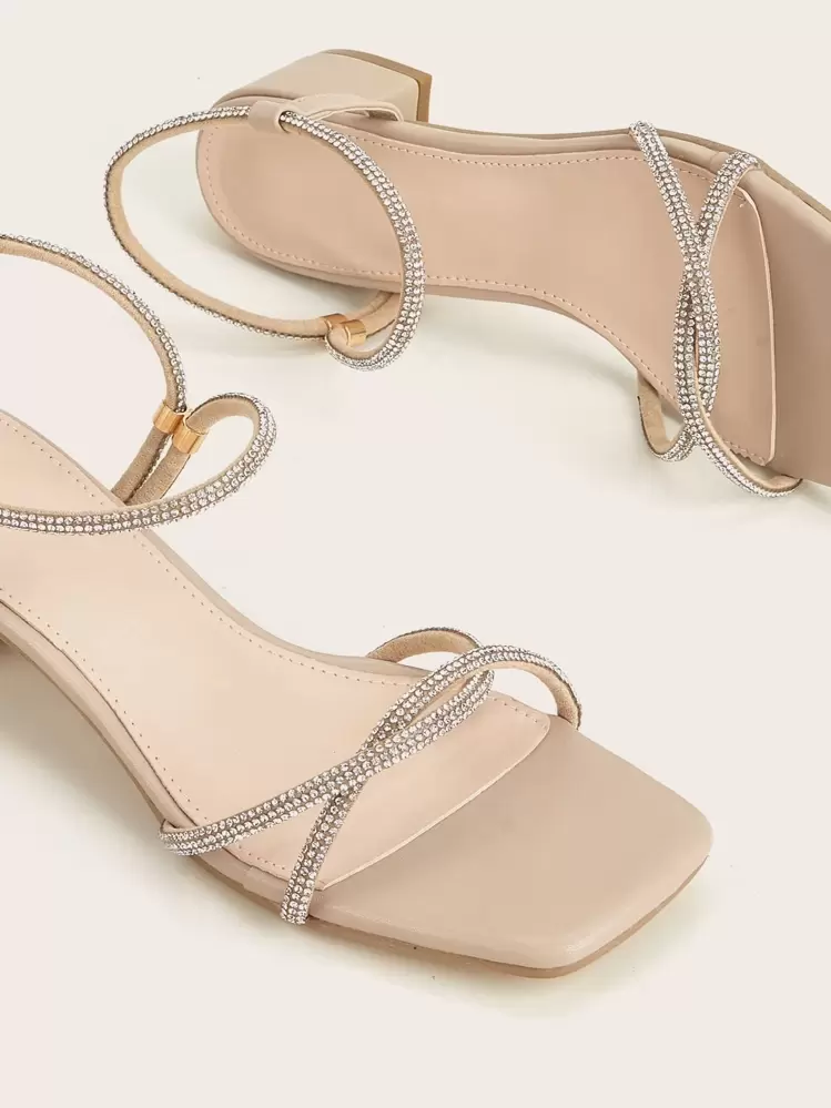 Women Rhinestone Decor Chunky Heeled Ankle Strap Sandals, Glamorous Banquet Heeled Sandals,Spring Summer Outfits - Apricot - View 4