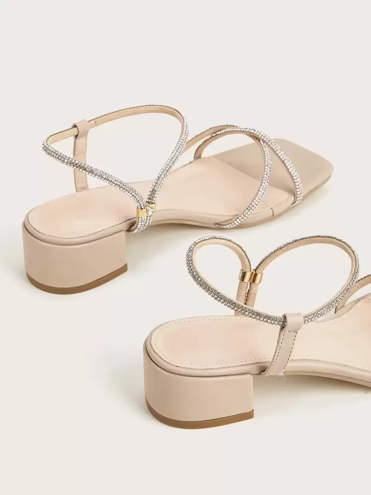 Women Rhinestone Decor Chunky Heeled Ankle Strap Sandals, Glamorous Banquet Heeled Sandals,Spring Summer Outfits - Apricot - View 5