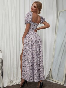 PARTHEA Puff Sleeve High Split Floral Print Dress - Multicolor - View 2