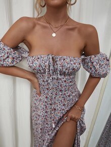 PARTHEA Puff Sleeve High Split Floral Print Dress - Multicolor - View 4