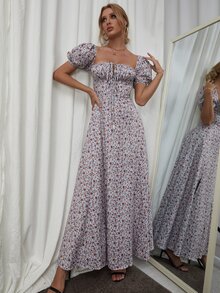 PARTHEA Puff Sleeve High Split Floral Print Dress - Multicolor - View 7