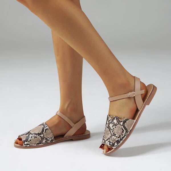 

Snakeskin Print Flat Sandals, Apricot