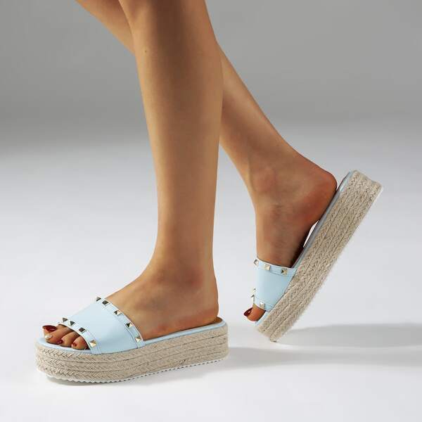 

Spiked Decor Espadrille Flatform Mules, Baby blue