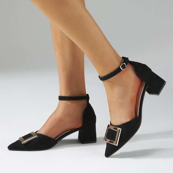 

Metal Decor Mid Heeled Ankle Strap Pumps, Black