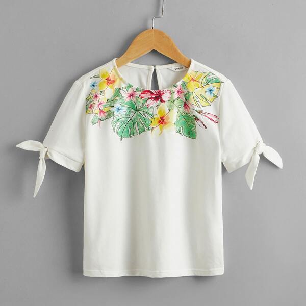 

Girls Tropical Print Knot Hem Tee, White