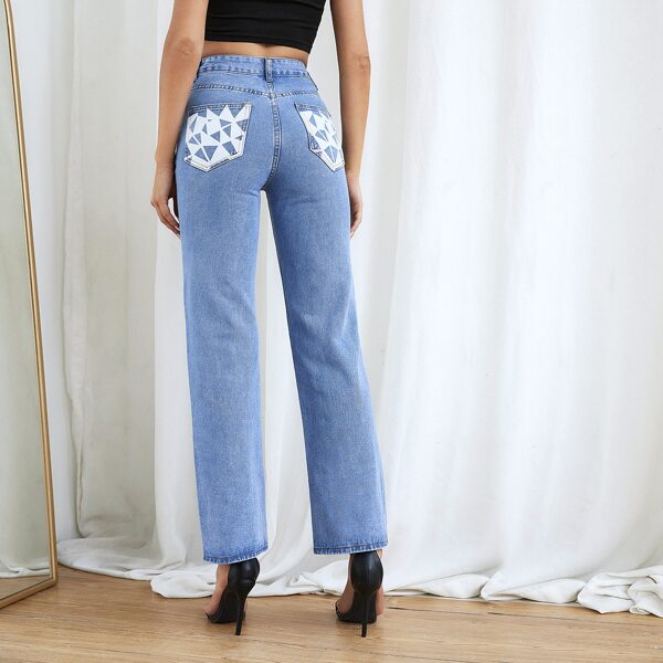 

High Waist Geo Print Straight Leg Jeans, Light wash