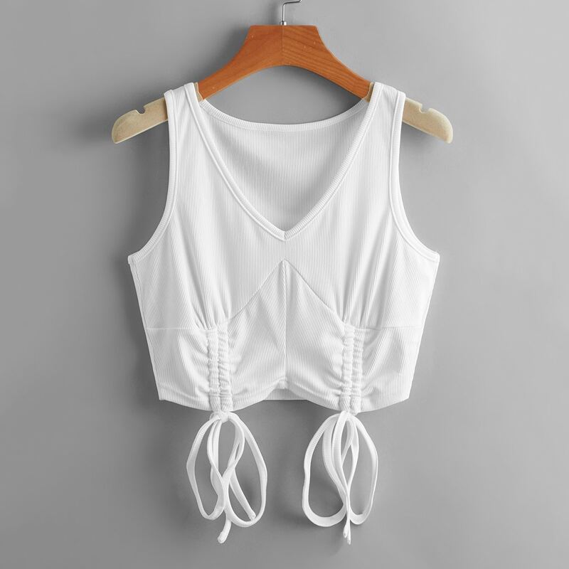 

Solid Drawstring Ruched Tank Top, White
