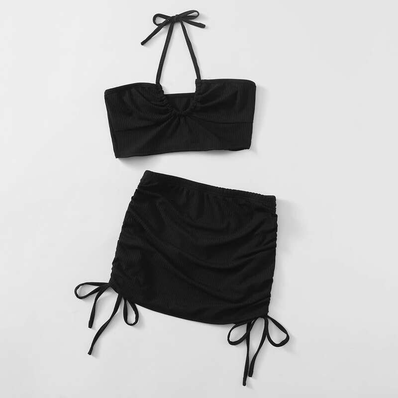 

Solid Halter Top & Drawstring Skirt, Black