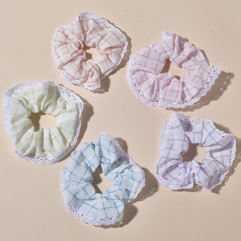 

5pcs Lace Plaid Scrunchie, Multicolor