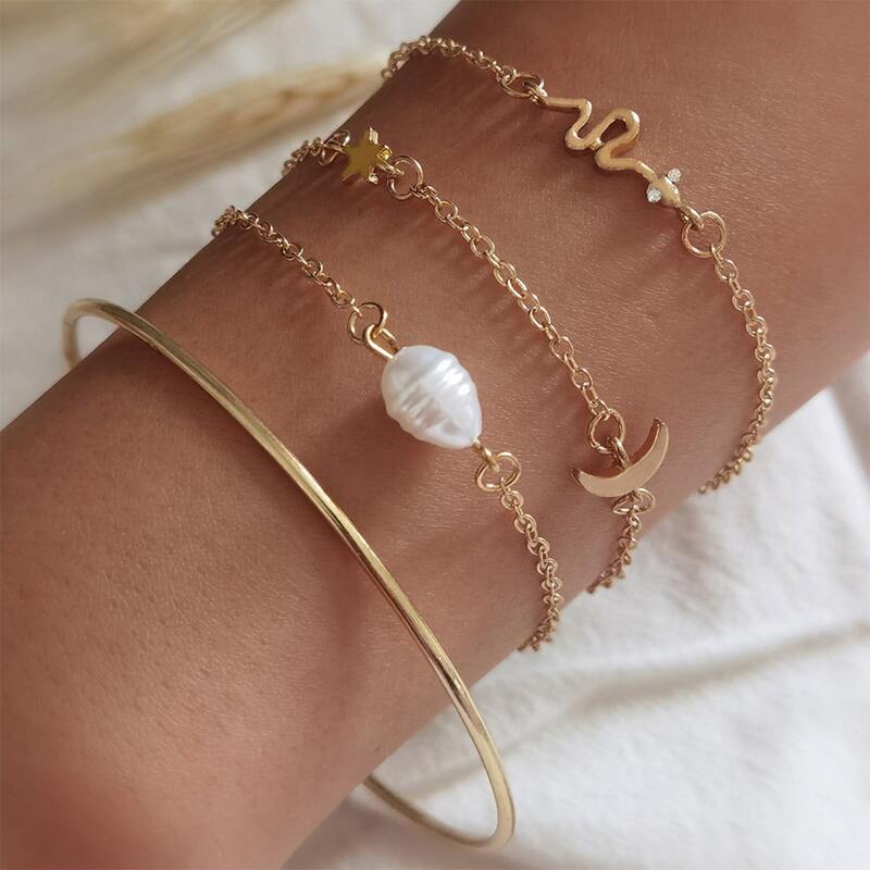 

4pcs Star & Moon Decor Bracelet, Gold