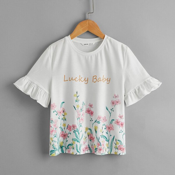 

Girls Flounce Sleeve Floral & Letter Print Tee, White