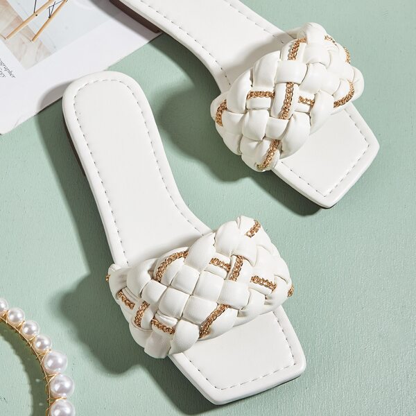 

Chain Decor Braided Slide Sandals, White