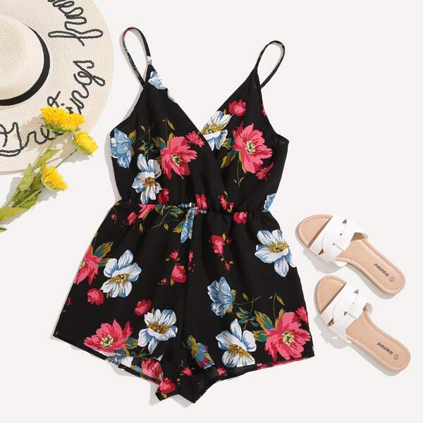 

Floral Print Surplice Front Cami Romper, Multicolor