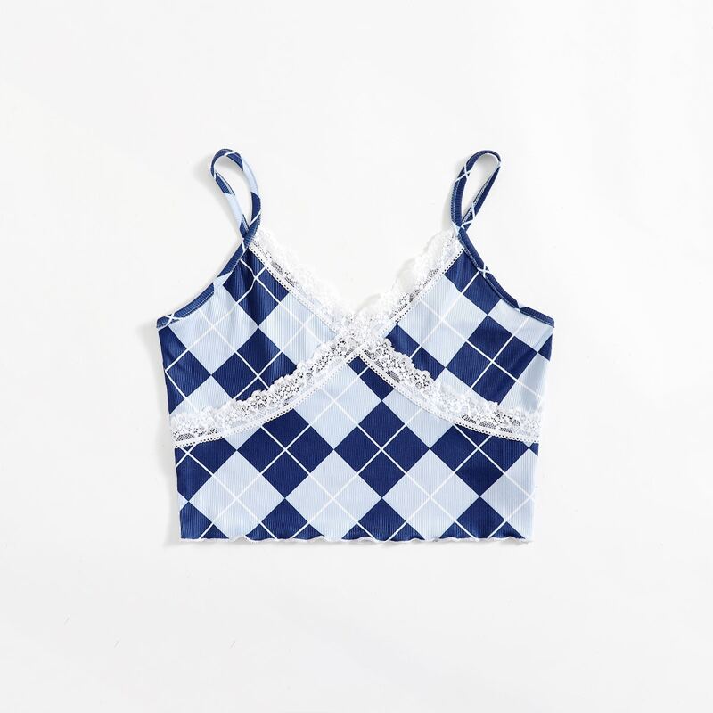 

Contrast Lace Argyle Pattern Crop Cami, Multicolor