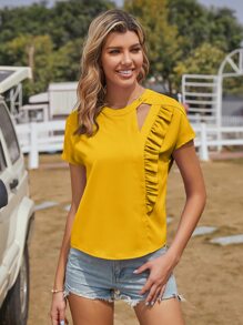 SHEIN VCAY 荷葉邊鏤空襯衫 - 黃色 - 查看 3