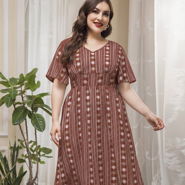 

Plus Floral V-neck Flutter Sleeve A-line Dress, Redwood