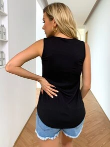 AAmilife Half Button Rib-knit Curved Hem Tank Top - Black - View 2