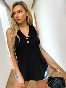 AAmilife Half Button Rib-knit Curved Hem Tank Top - Black - View 4